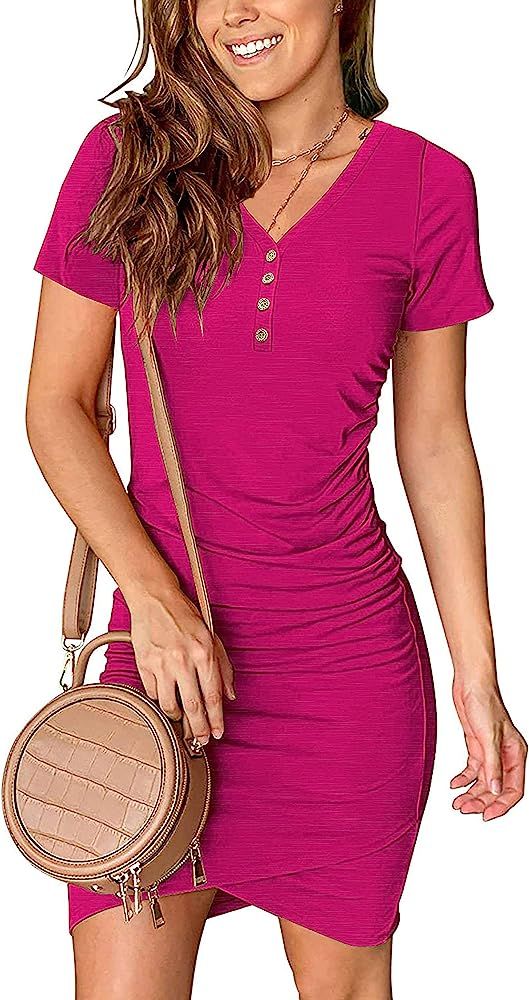 BTFBM Women’s Summer Casual V Neck Short Sleeve Ruched Bodycon T Shirt Short Mini Dresses with ... | Amazon (US)