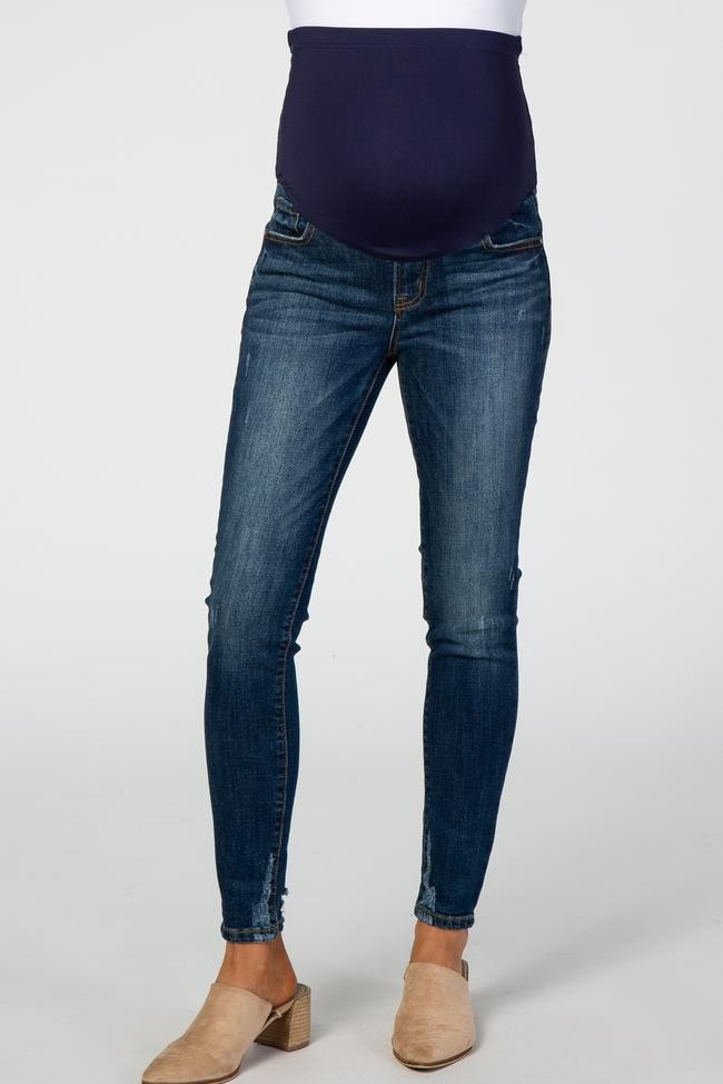 PinkBlush Navy Blue Lightly Distressed Skinny Maternity Jeans | PinkBlush Maternity