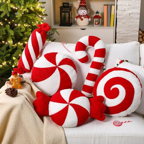 Yuntau 5 Pcs Christmas Candy Cane Throw Pillows Red and White Peppermint Candy Shape Throw Pillow Couch Cushion Christmas Decorative Spiral Lollipop Stuffed Pillow for Couch Sofa Xmas Decor Room | Amazon (US)