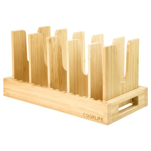 COOKLIFE Pot and Pan Organizer - Bamboo Pot Lid Organizer Reusable Containers in Cabinet Storage - Pot Holder for Pot Lids, Pans, Cutting Boards and Baking Sheets - Pot Lid Holder | Amazon (US)