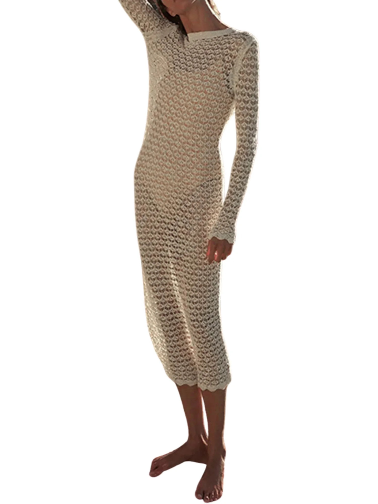 Kayotuas Women's Crochet Cover Up Long Sleeve Knitted Beach Swimwear Cover Ups Dress - Walmart.co... | Walmart (US)