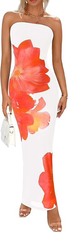 PRETTYGARDEN Women Summer Strapless Maxi Dress Bodycon Floral Sexy Long Wedding Guest Dress Forma... | Amazon (US)