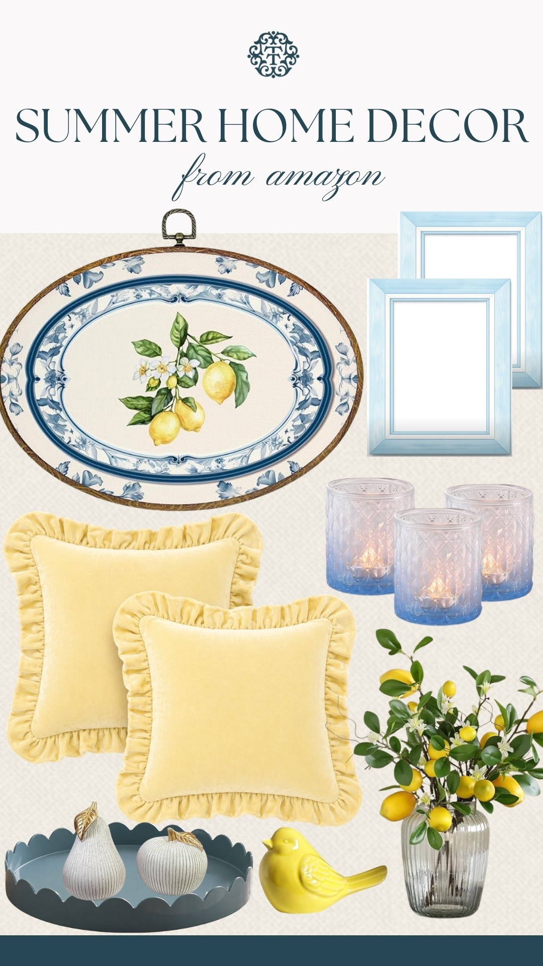 Some of our favorite summer home decor finds from Amazon in the prettiest mix of blue and butter yellow tones. The lemon artwork, ruffled pillows, blue candle holders, and scalloped tray give everything a fresh coastal feel. These pieces would be perfect for a living room, sunroom, or summer guest space.

#LTKOver40 #LTKSeasonal #LTKHome