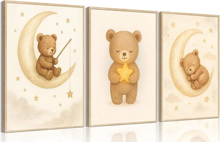 XBQZFLHT 3Pcs Bear Nursery Wall Art Teddy Bear Moon and Stars Canvas Prints Cute Animal Sleeping ... | Amazon (US)