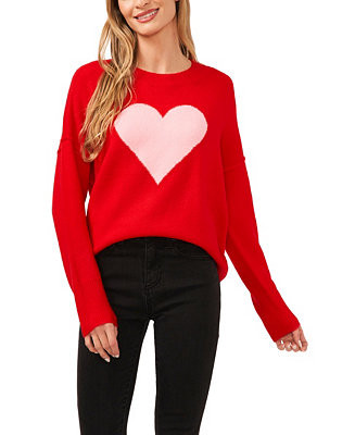 Women's Valentine's Crewneck Heart-Print Long-Sleeve Sweater | Macy's