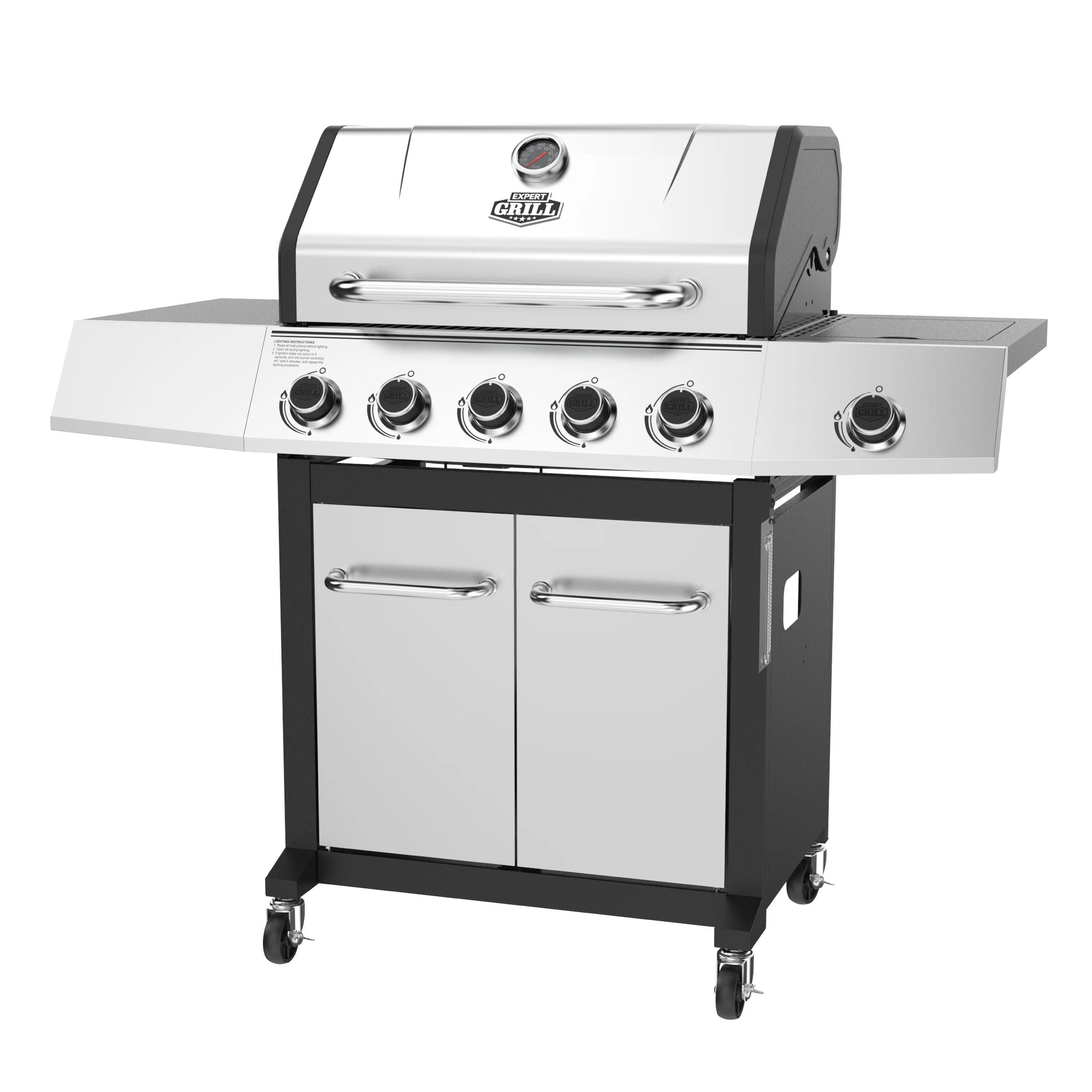 Expert Grill 5-Burner Propane Gas Grill with Side Burner, and Side Table, Stainless Steel | Walmart (US)