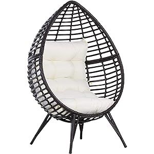 Outsunny Rattan Wicker Lounge Chair with Soft Cushion, Outdoor/Indoor Egg Teardrop Cuddle Chair w... | Amazon (US)