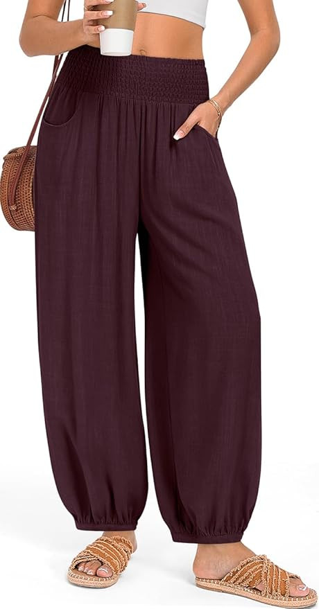 TARSE Womens Linen Wide Leg Pants Casual Loose Elastic Waisted Barrel Beach Palazzo Pants with Po... | Amazon (US)
