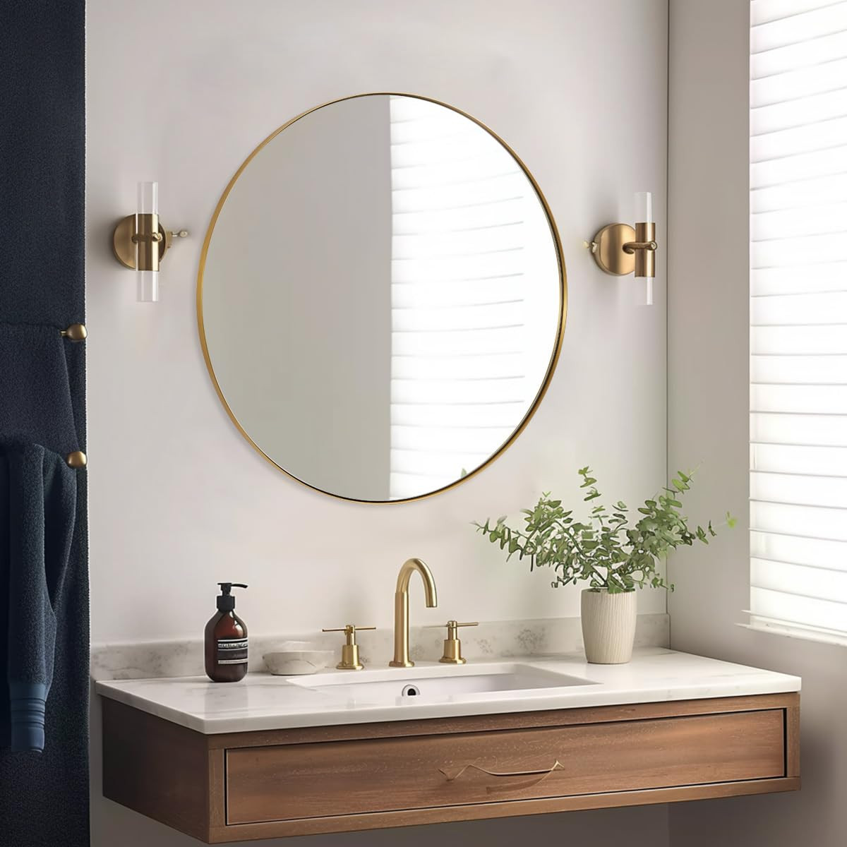 ANDY STAR Round Gold Mirror, 30'' Brass Mirror with Brushed Gold Frame, Wall Mounted Stainless Steel Metal Frame Round Mirror for Bathroom, Living Room, Bedroom | Amazon (US)