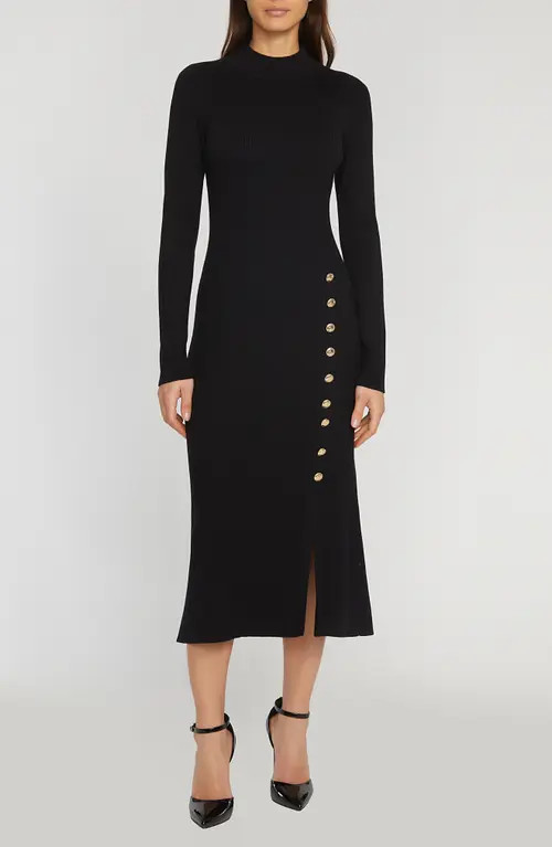 Elie Tahari The Chaya Button Detail Long Sleeve Sweater Dress in Noir at Nordstrom, Size Small | Nordstrom