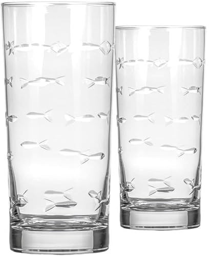 Rolf Glass School of Fish Highball Glass | Set of 2 15oz Cooler Glasses | Lead-Free Engraved Glass with Heavy Base | Proudly Made in the USA | Amazon (US)