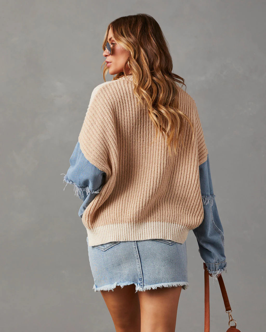 Lazelle Denim Sleeve Crew Neck Sweater | VICI