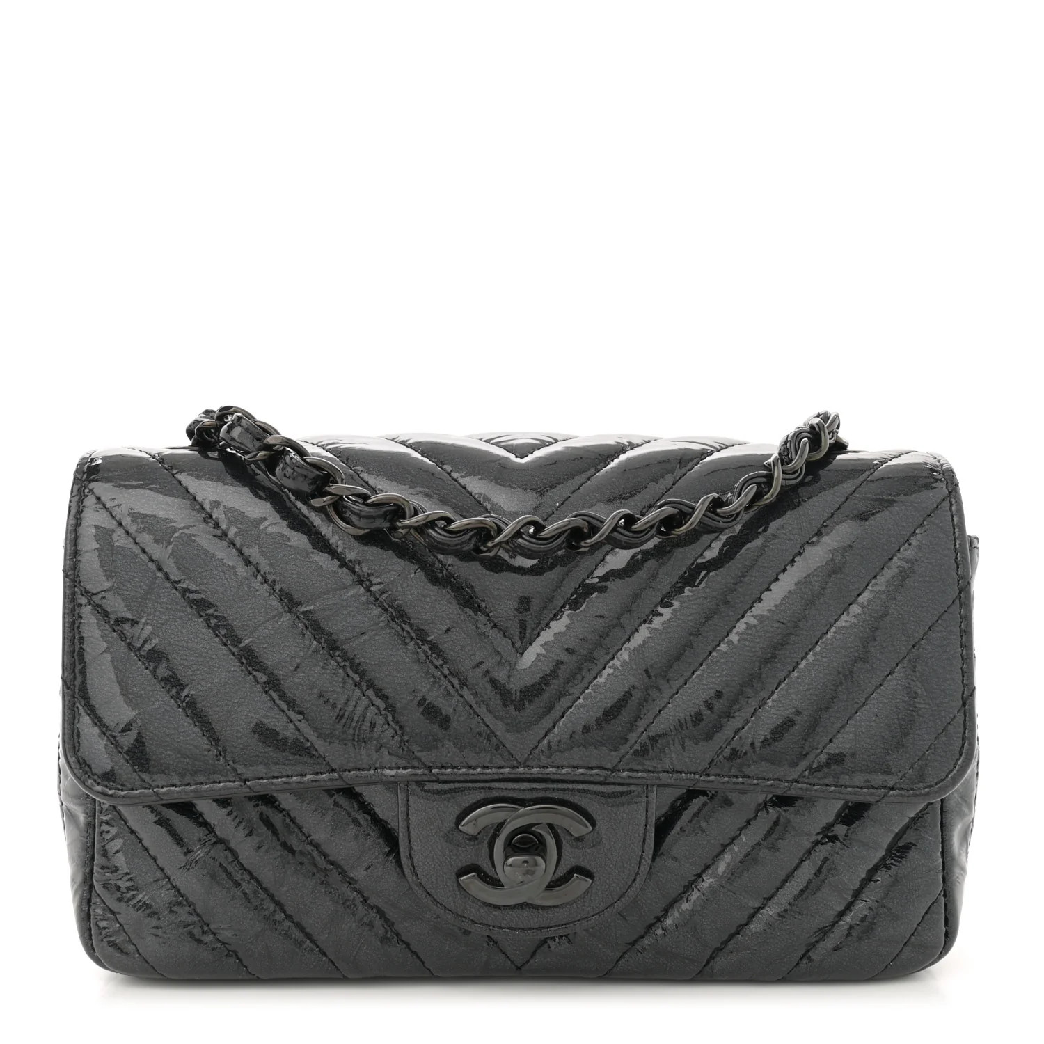 Patent Metallic Crumpled Calfskin Chevron Quilted Mini Rectangular Flap So Black | FASHIONPHILE (US)