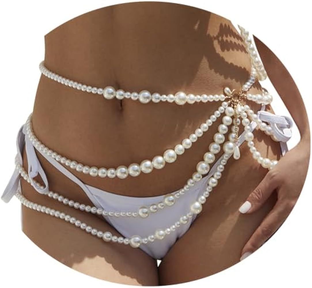 Summer Multi-Layered Long Big Pearl Waist Chain Belt Pearl Waistband Pearl Hip Belly Body Chain D... | Amazon (US)