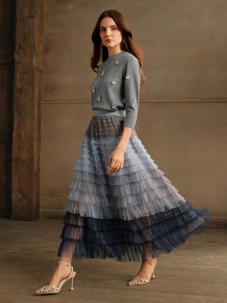 Anewsta Gradient Mesh Contrast Cake Skirt Tulle Skirt For Women, For Party & Daily Wear Maxi Women Outfit | SHEIN