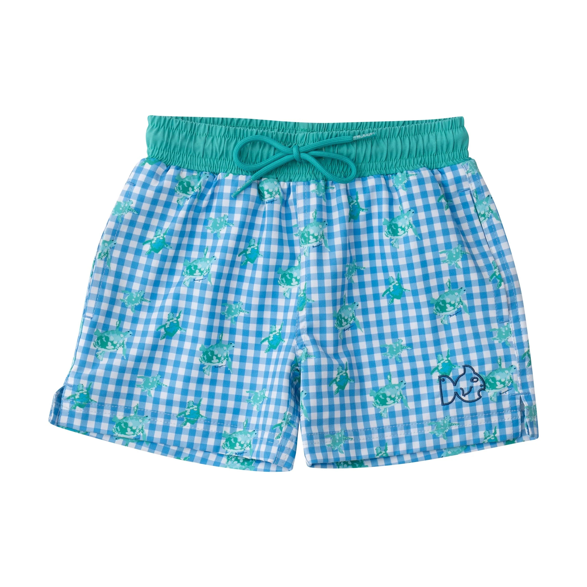 Boys Boogie Board Swim Trunk in Marina Blue Gingham Turtle Print | PRODOH