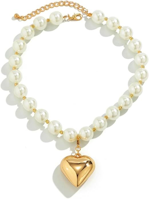 Heart Necklaces for Women Gold Chunky Heart Necklace Pearl Beads Choker Necklaces Y2k Necklace Tr... | Amazon (US)