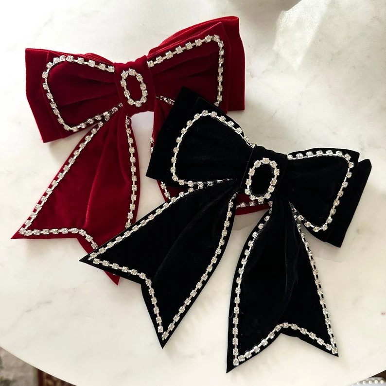 Black Velvet Large Hair Bow Tails French Barrette, Black Hair Bow with Crystals, Red Hair Bow wit... | Etsy (US)