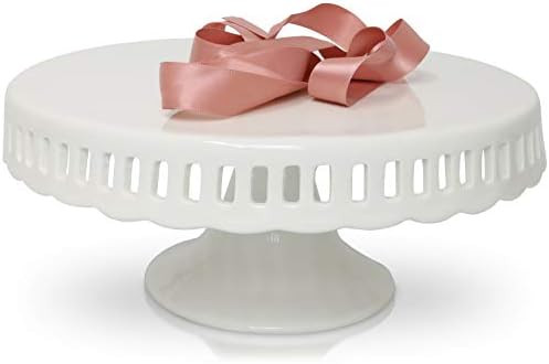 White Ceramic Cake Stand with Pink Ribbon - Round Cake Stand with Scalloped Edges - Dessert Holder f | Amazon (US)