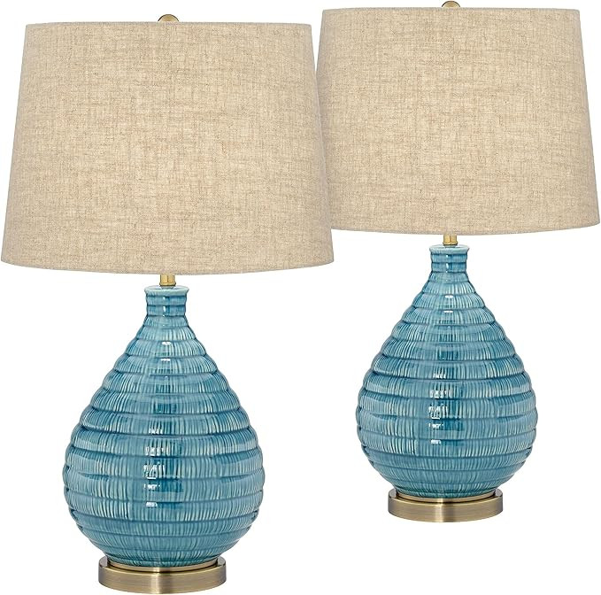 Kayley Modern Contemporary Table Lamps 24" High Set of 2 Coastal Ceramic Sky Blue Glaze Linen Fab... | Amazon (US)