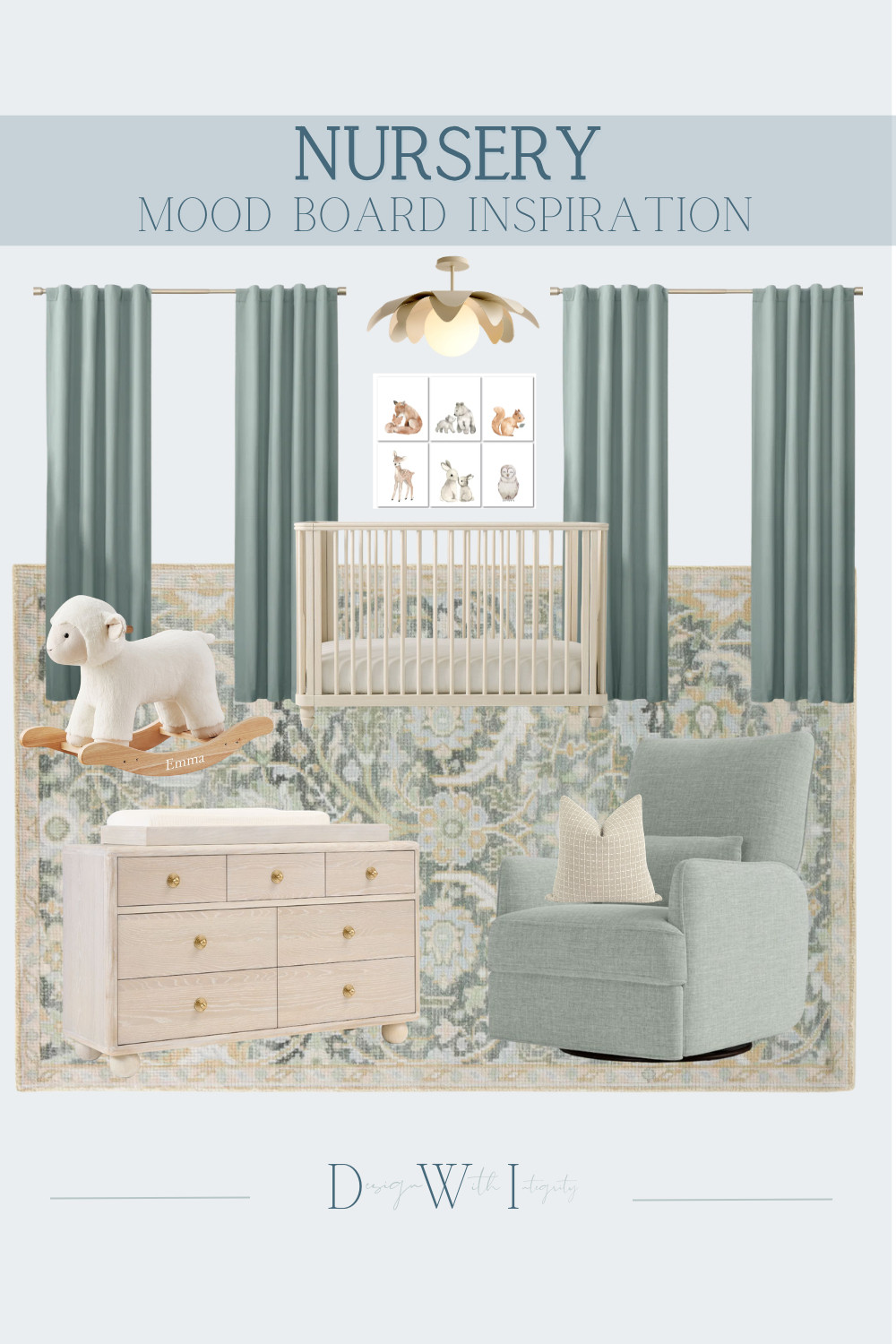 This nursery mood board blends soft blue green tones with warm natural wood for a space that feels calm, grounded, and timeless. The light wood crib and coordinating dresser create a warm foundation, while tailored drapery and a vintage inspired rug add depth and texture. A cozy upholstered glider and playful woodland artwork bring both comfort and personality to the room. Every element was selected to create a nursery that feels serene, functional, and designed to grow with your child. Tap through to shop the curated nursery furniture, lighting, and decor selections.

#nurseryinspiration
#nurserydesign
#neutralnursery
#nurserydecor
#babyroomdesign

nursery mood board
blue green nursery
neutral nursery design
wood crib
nursery dresser
nursery glider
woodland nursery decor
baby room inspiration 

 #LTKHome