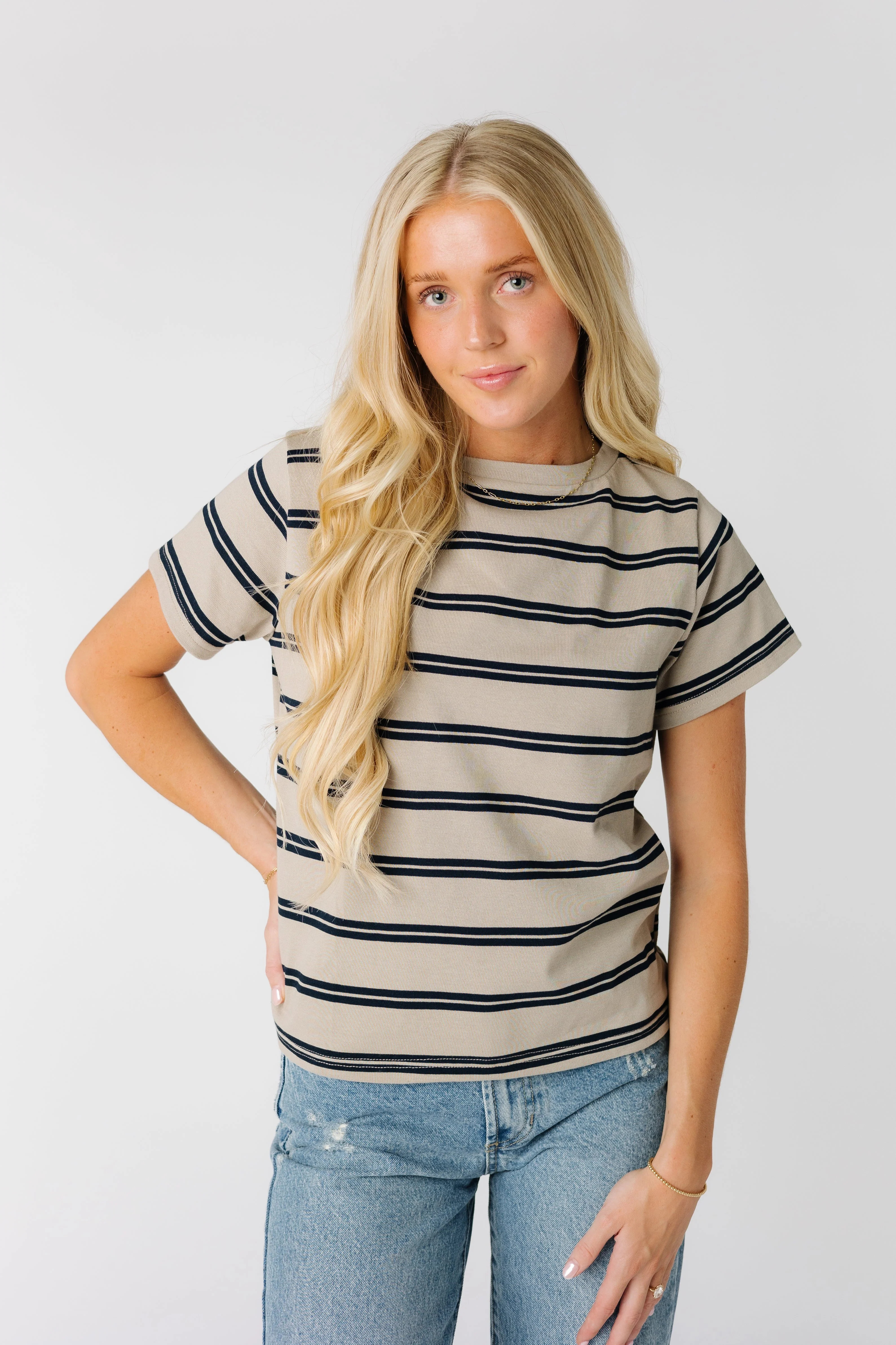 Brass & Roe Essential Stripe Tee- Taupe/Navy | Called To Surf
