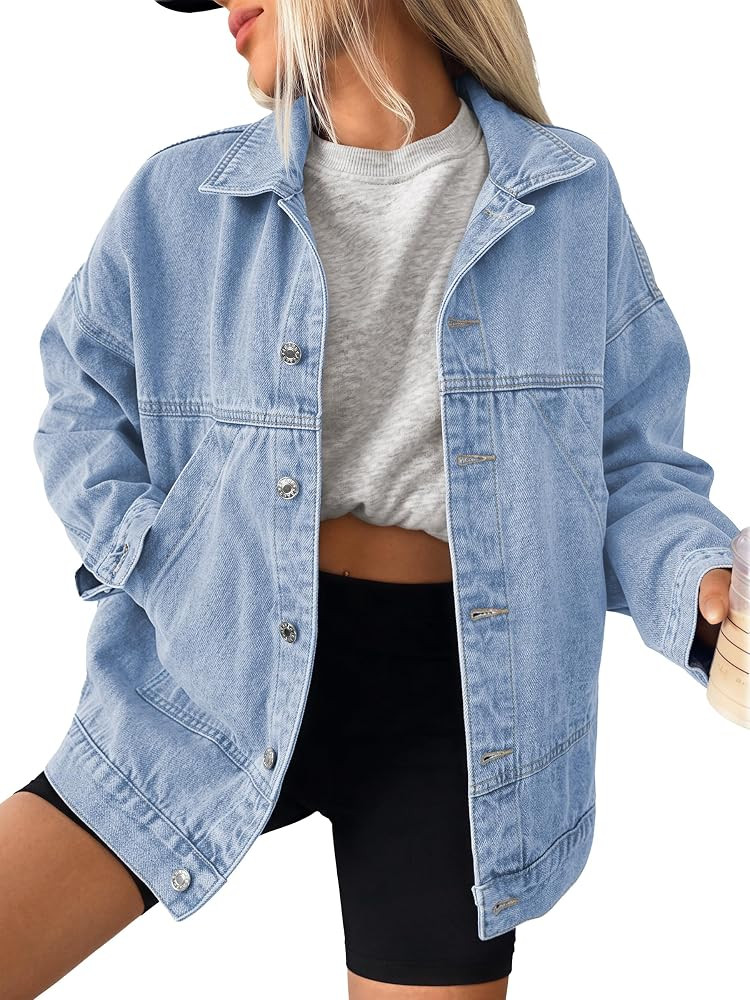 Trendy Queen Womens Oversized Jean Jacket Boyfriend Denim Coat with Pockets | Amazon (US)