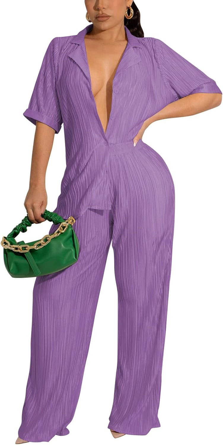 Women 2 Piece Pleated Outfits Casual Boho Trendy Muse Shirt Wide Leg Pants 90s Solid Daily Suit | Amazon (US)