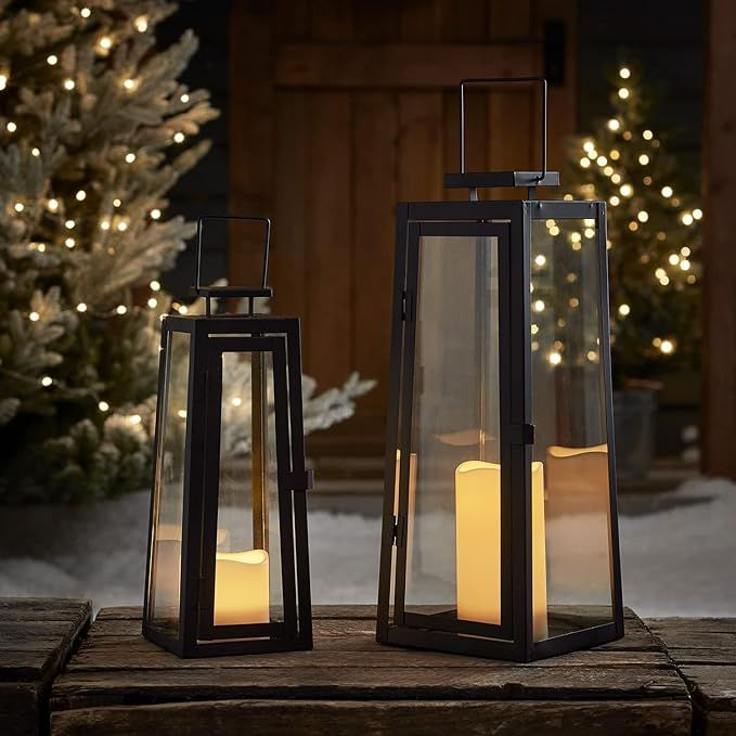 Lights4fun, Inc. Set of Two Black Metal Battery Operated LED Flameless Candle Lanterns Lights for... | Amazon (US)
