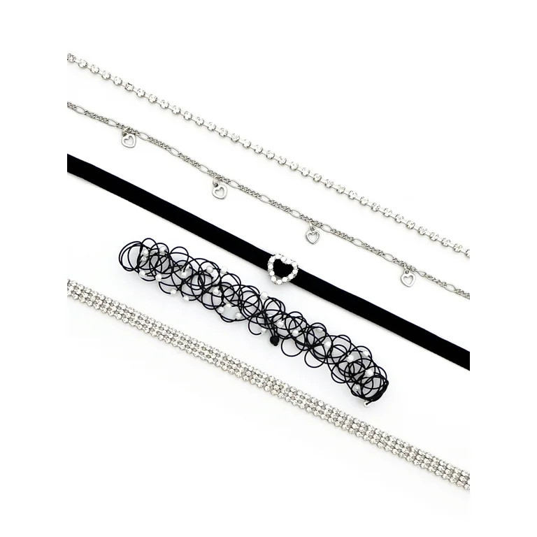 No Boundaries Adult Female Necklace Choker Set, 5 Pack, Black Multi Color, Heart and Stone Detail... | Walmart (US)