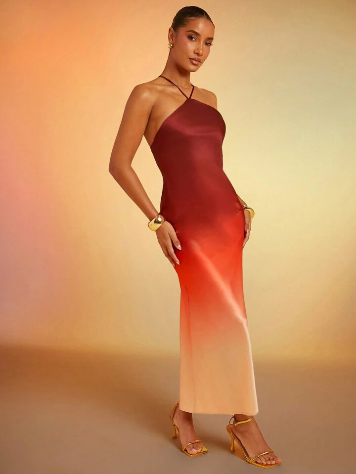 SHEIN Haute Ombre Satin Strappy Halter Backless Dress | SHEIN