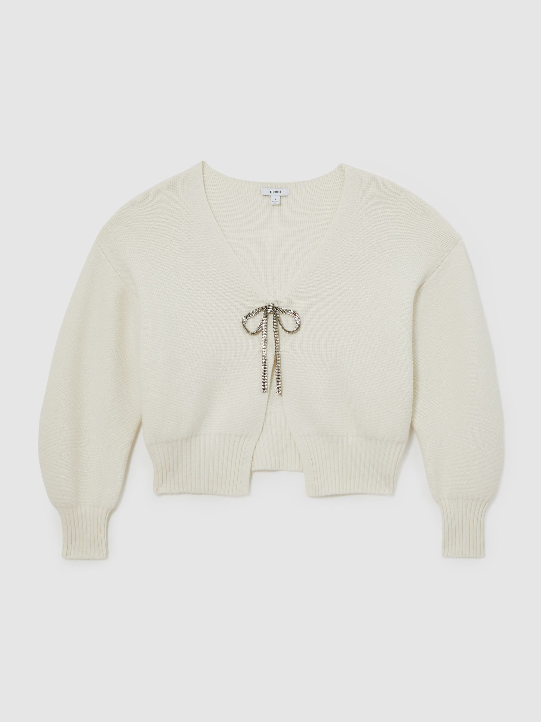 Wool-Blend Crystal-Bow Cardigan With Cashmere in Cream | Reiss UK