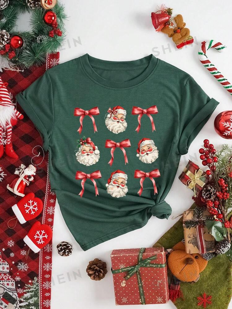 TrendsSHEIN LUNE Women's Casual Christmas Santa Claus & Bow Print Short Sleeve T-Shirt Top Graphi... | SHEIN
