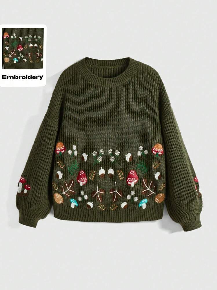 ROMWE Fairycore Plus Size Crew Neck Long Sleeve Embroidered Minimalist Casual Top Sweater, Winter | SHEIN