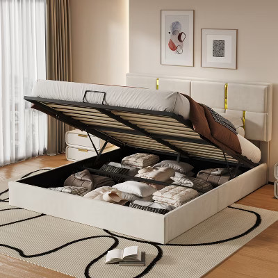 ORRD Queen Size Storage Bed with Hydraulic Lift, Upholstered Platform Bed, No Box Spring Needed, Beige Modern Bedroom Furniture | Target