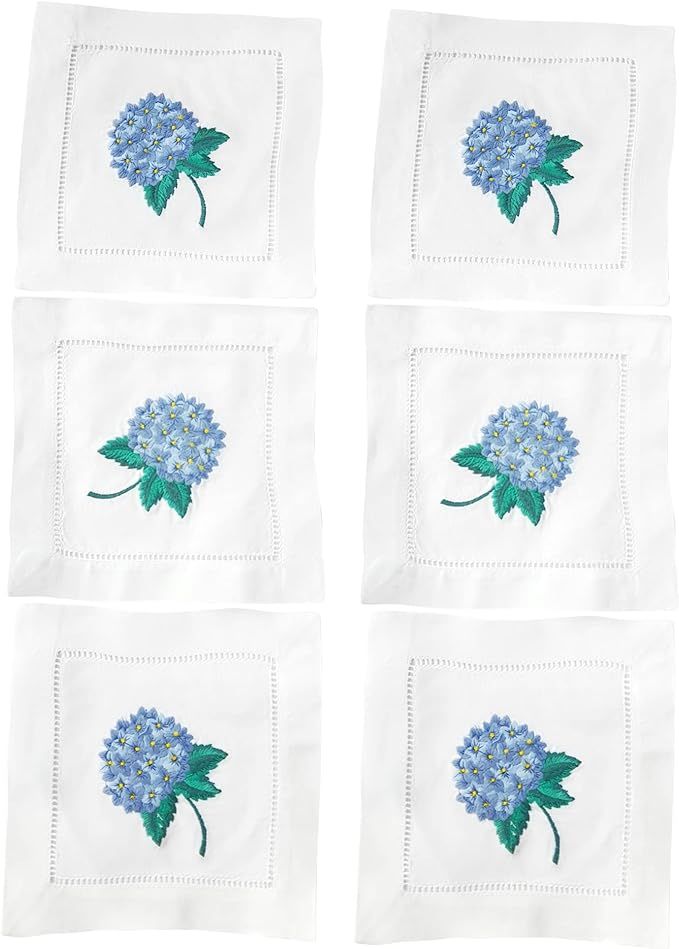 Embroidered White Cocktail Napkins 6"x6" Set of 6 Cloth Napkin Coasters, Hydrangea Embroidered Co... | Amazon (US)