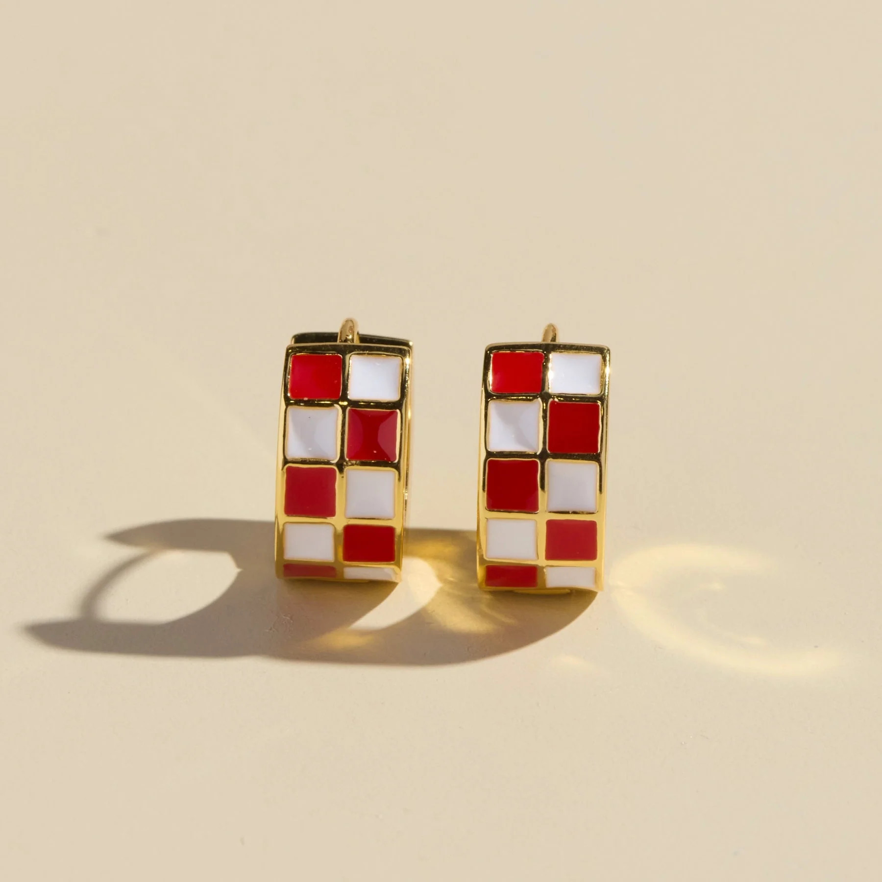 Red & White Checkered Enamel Huggies | Nickel and Suede