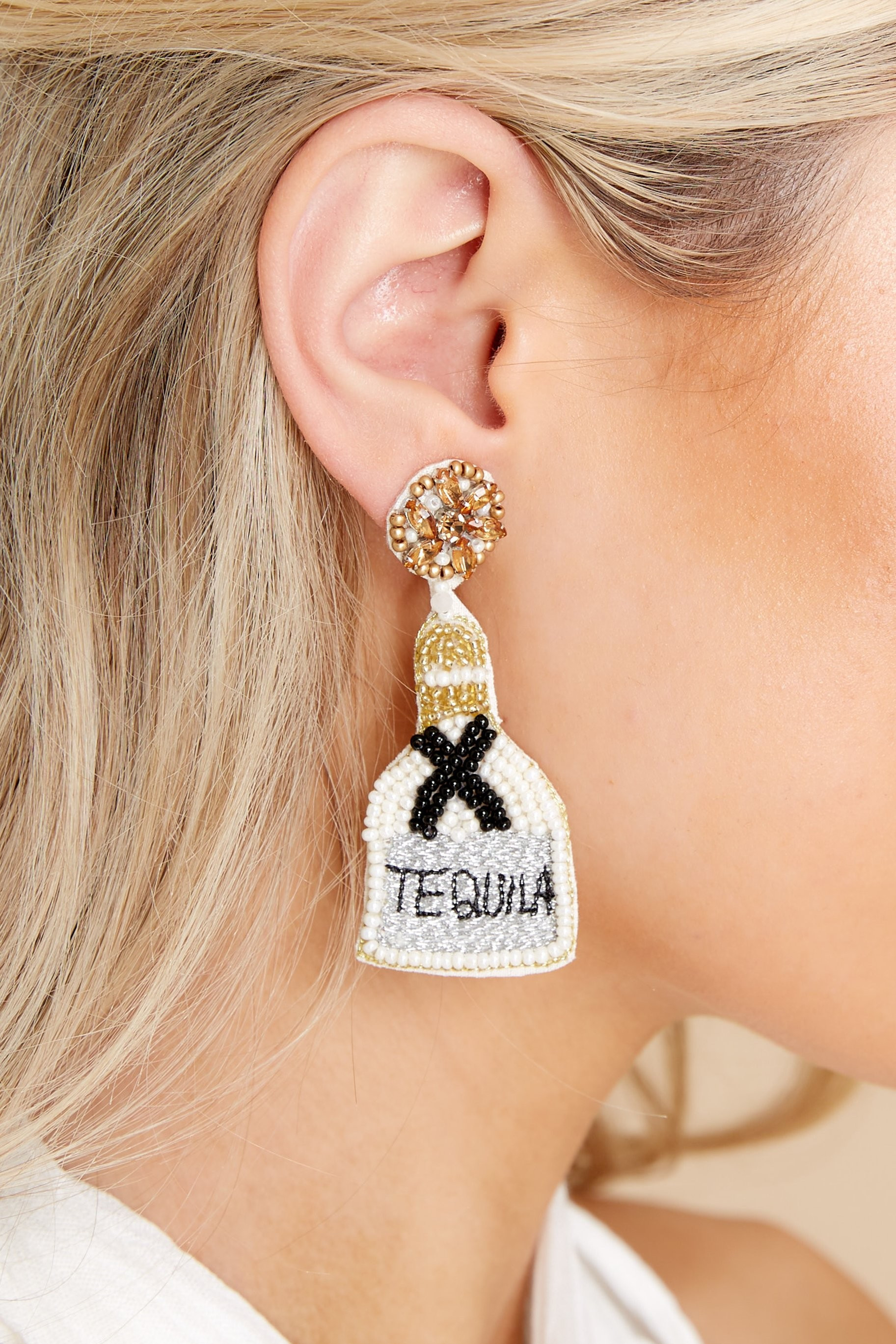 One More Round White And Gold Beaded Statement Earrings | Red Dress 