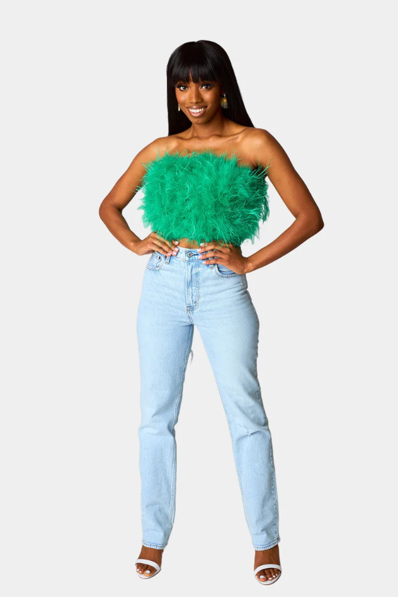 Fancy Strapless Feather Crop Top - Green | BuddyLove