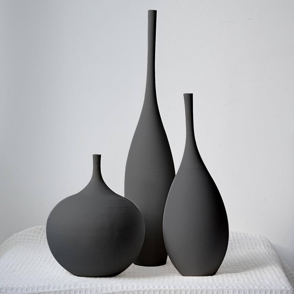 Black Ceramic Vase Modern Boho Wabi-Sabi Flower Vase Set of 3 Decorative Aesthetic Vases for Cent... | Amazon (US)