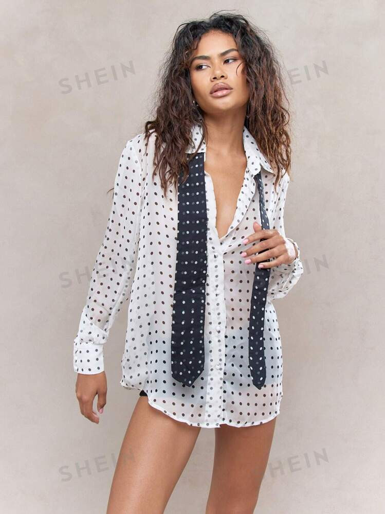 MISSGUIDED Camisa Longa Com Poá Transparente E Laço | SHEIN