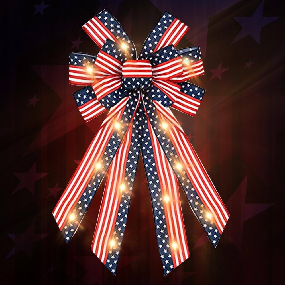 Hying LED 4th of July Bows for Wreath, Patriotic Wreath Bows Red Blue Burlap Ribbon American Flag... | Amazon (US)