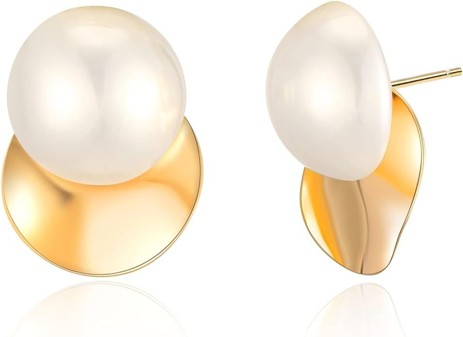 Pearl Stud Earrings, 14K Gold plated Large Pearl Earrings Gold Stud Earrings Handpicked Freshwate... | Amazon (US)