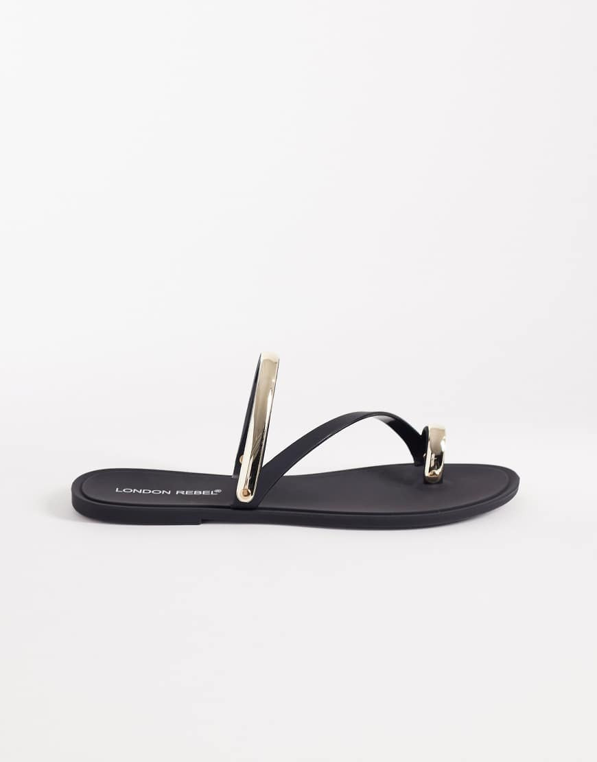 London Rebel Reese flat sandals with gold emblished straps in black | ASOS (Global)