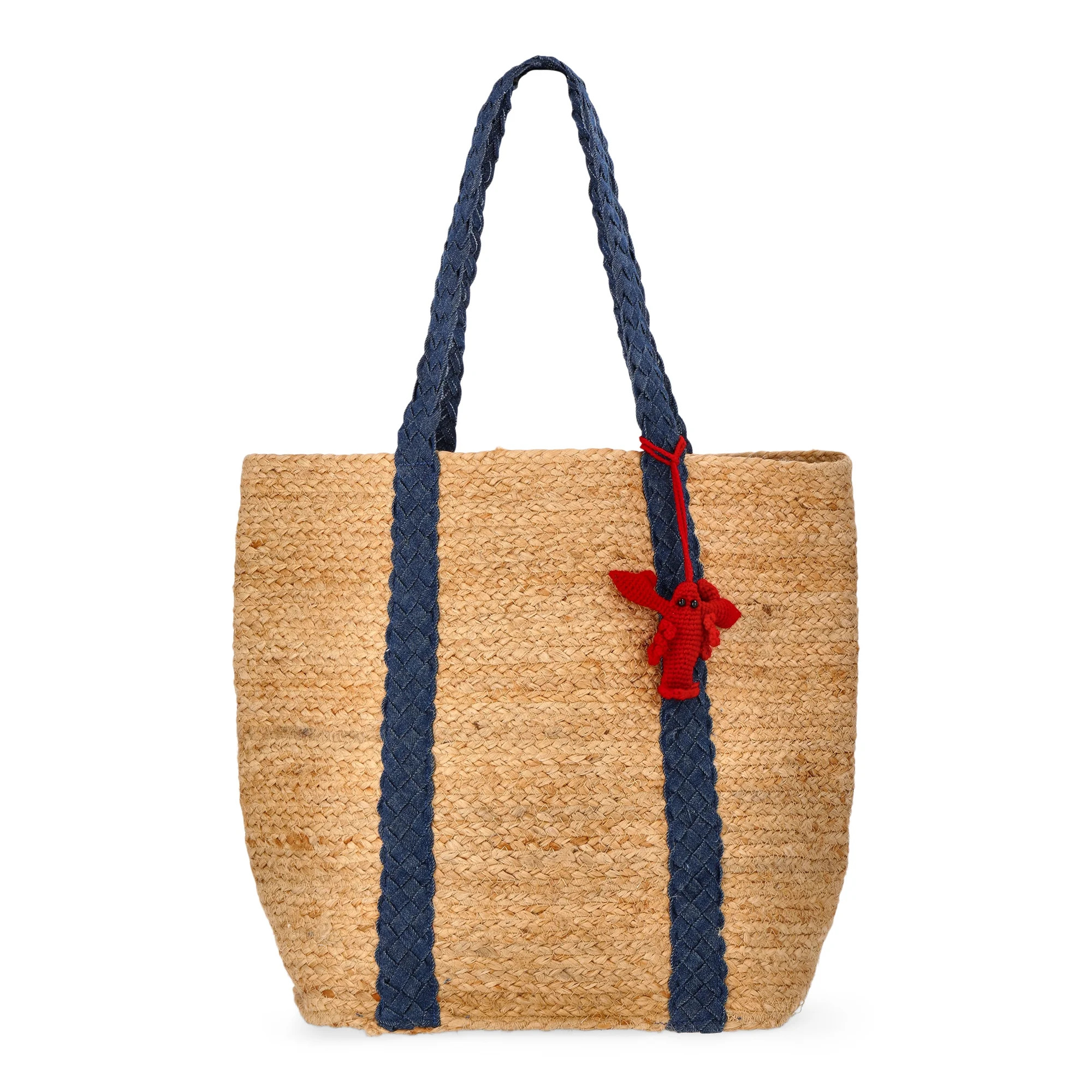 No Boundaries Women's Beach Icons Jute Tote Bag, Natural with Blue Denim | Walmart (US)