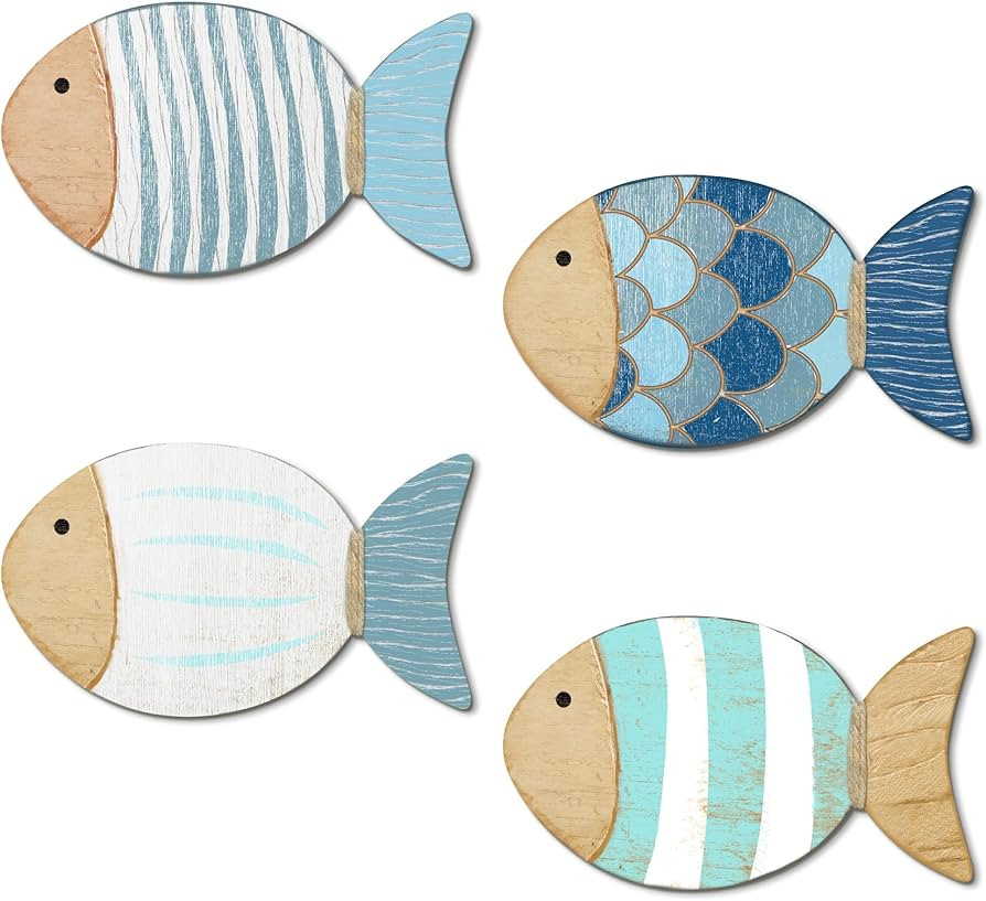 Putuo Decor 4 Pcs Wood Fish Wall Art, Nautical Beach Decor, Wooden Fish Hanging Sculptures, Blue ... | Amazon (US)