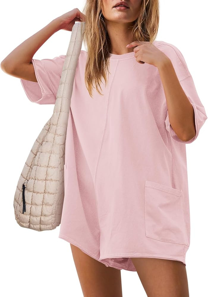 Yanekop Womens Oversized Romper Back V Neck Half Sleeve Jumpsuit Crewneck Tee Romper Overalls wit... | Amazon (US)
