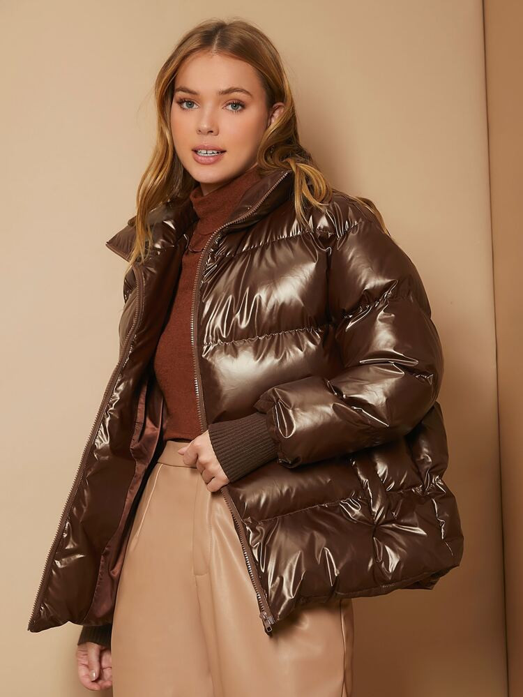 SHEIN Zipper Slant Pocket Puffer Coat | SHEIN