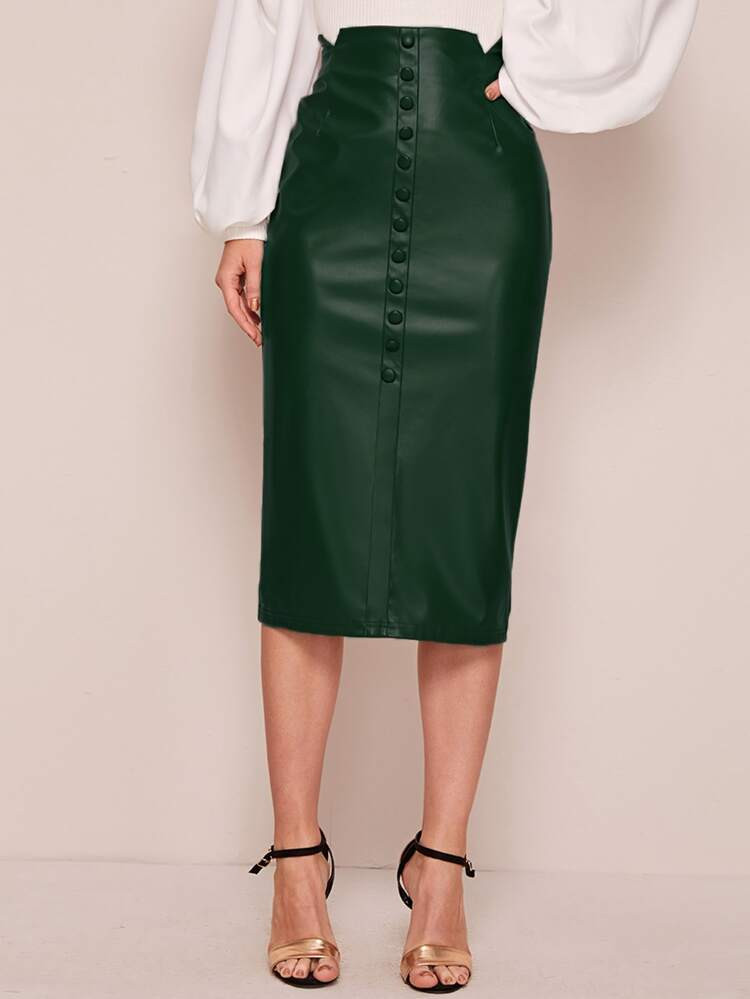 SHEIN Notched Waistband Buttoned Front PU Leather Skirt | SHEIN