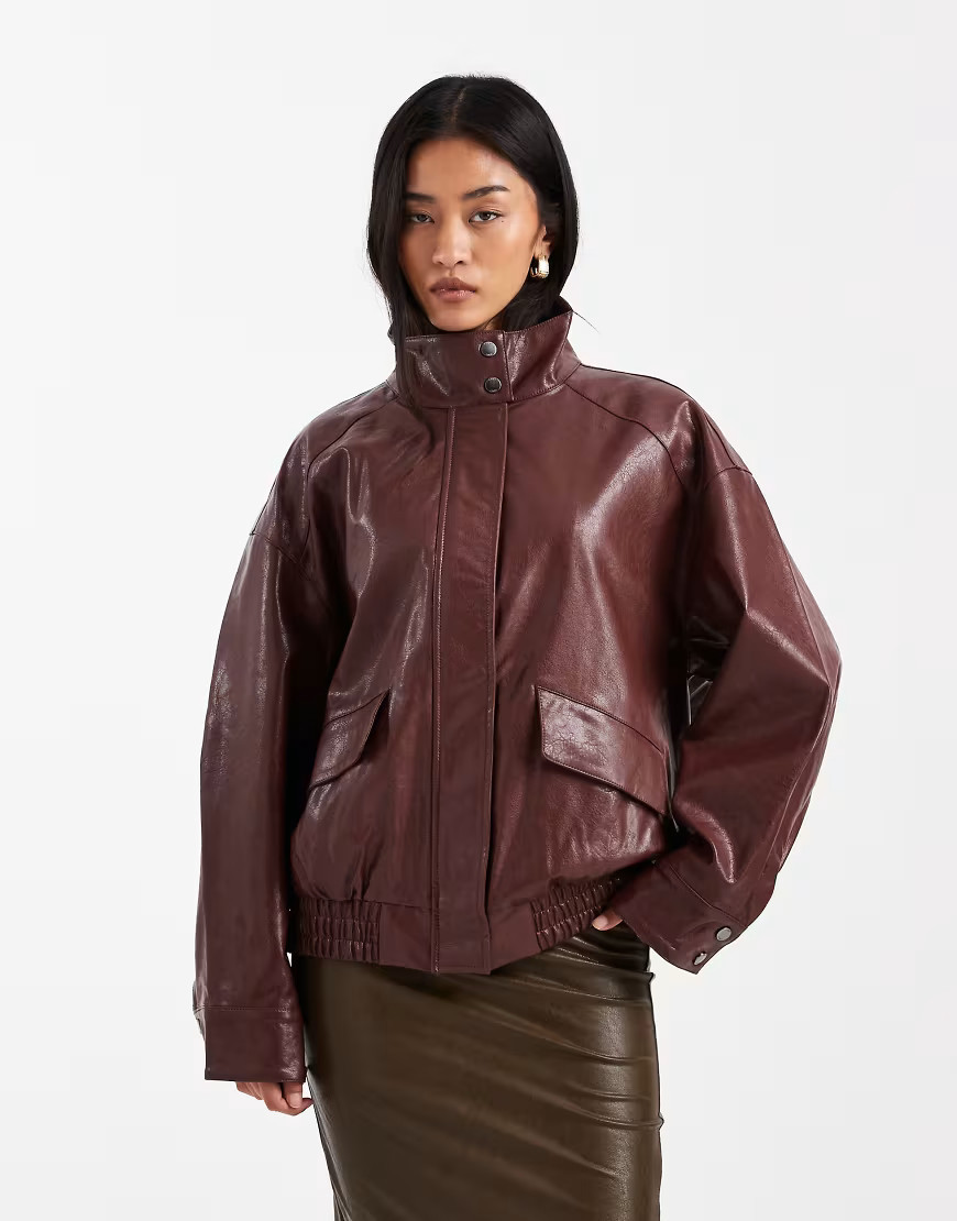 ONLY faux leather bomber jacket in burgundy-Red | ASOS (Global)